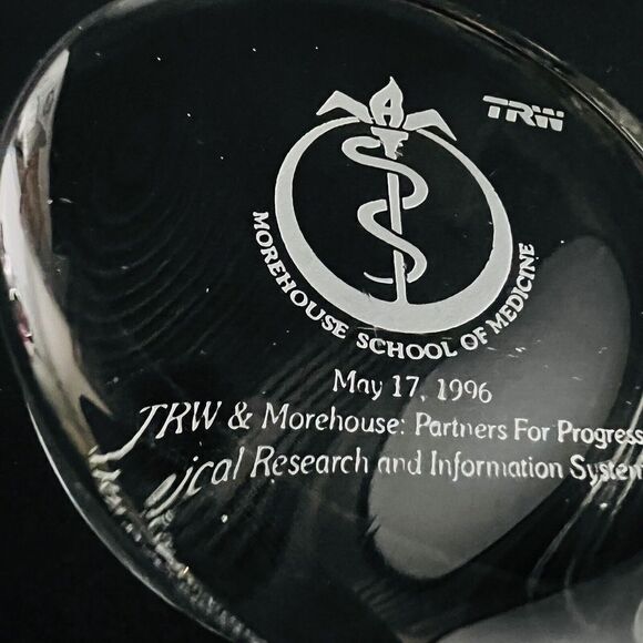RARE 1996 TRW Morehouse School of Medicine Clear Glass Etched Paperweight